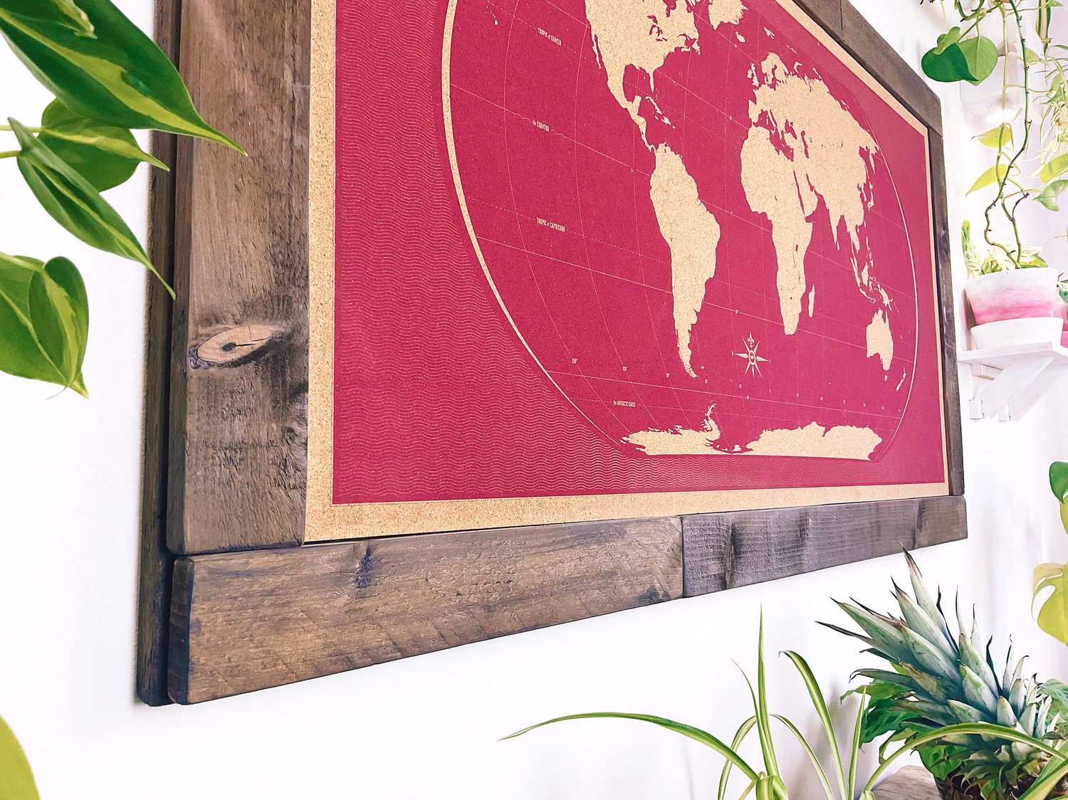 Image of Red World Map – Dark Stained Shipwrecked Rustic Frame