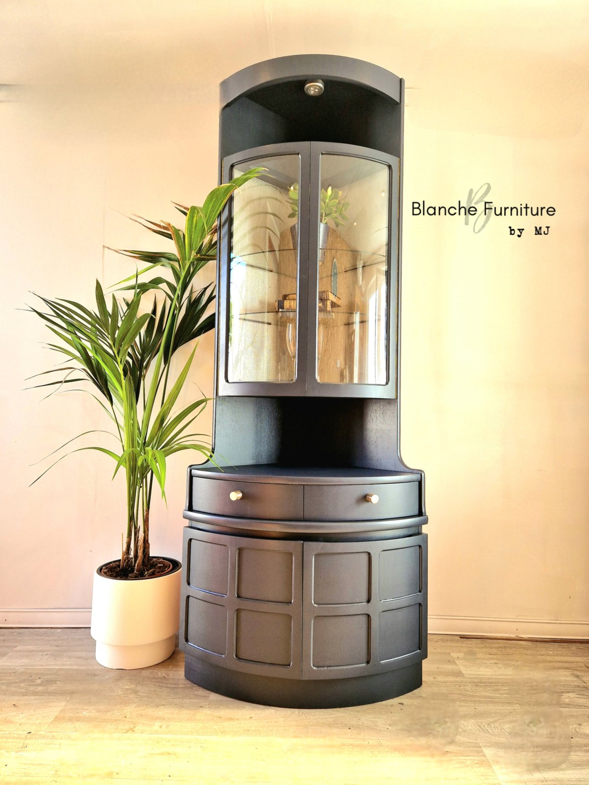 Image of Nathan Corner Drinks Cabinet unit with light - Midnight Blue with Silver Lining