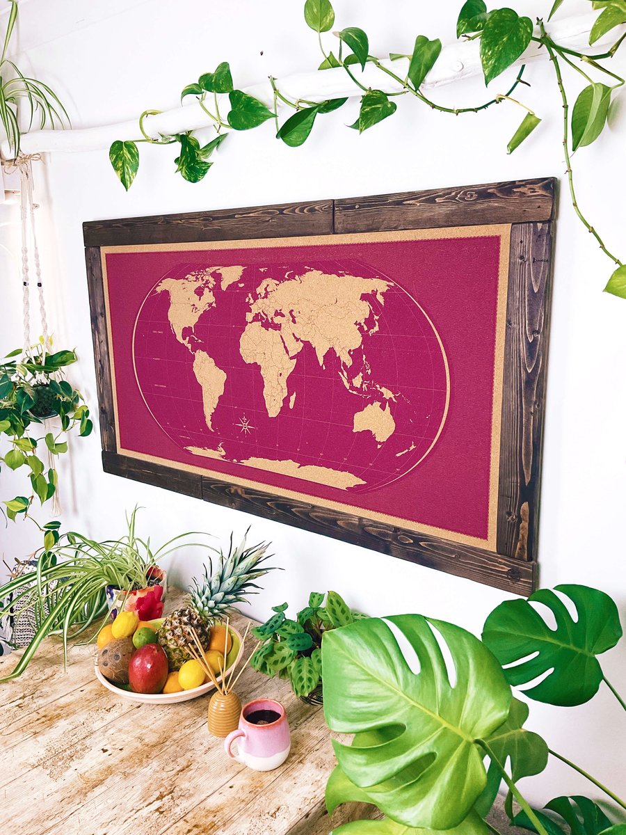 Image of Hot-Pink World Map – Dark Oil-Stained Shipwrecked Frame