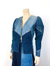 Image 3 of 1970s Love Melody Patchwork Denim Rhinestone Top / Jacket & Maxi Skirt Set
