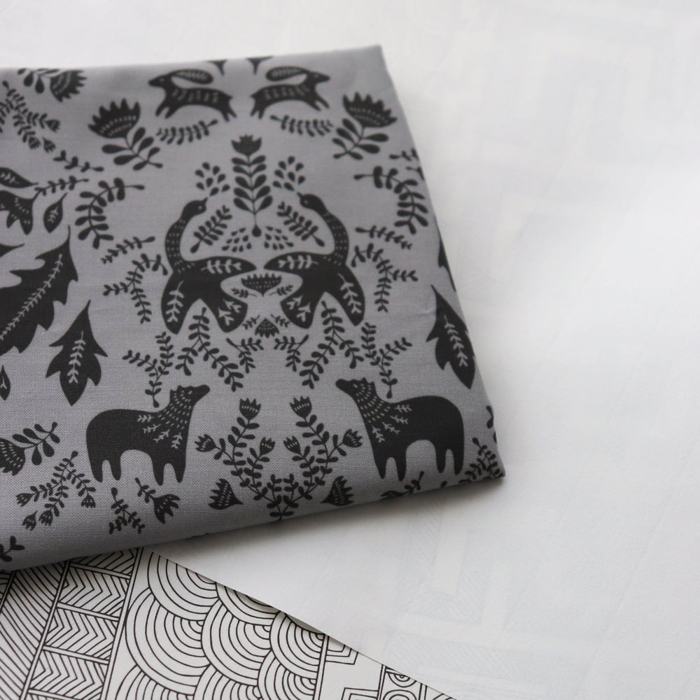 Image of Forest Story Damask Print Fabric - Black and Grey