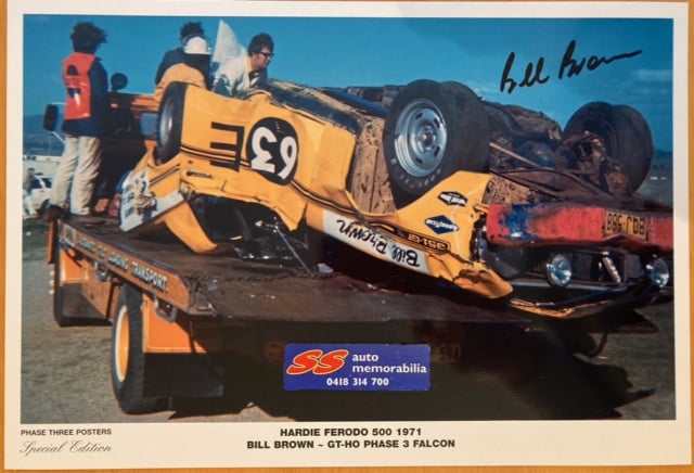 Image of Bathurst 1971 Hardie Ferodo 500. Bill Brown Falcon GT-HO Phase 3 rollover signed.