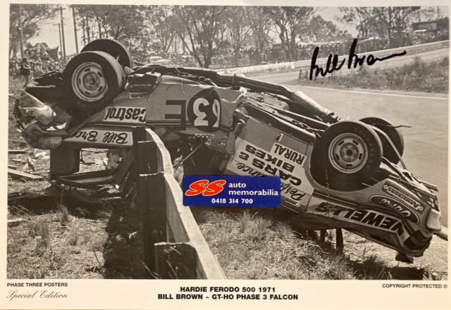 Image of Bathurst 1971 HF500. Bill Brown Falcon GT-HO #63 rollover B&W signed photo.
