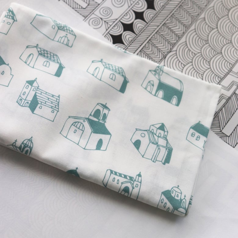 Image of Village Church Fabric - Teal 