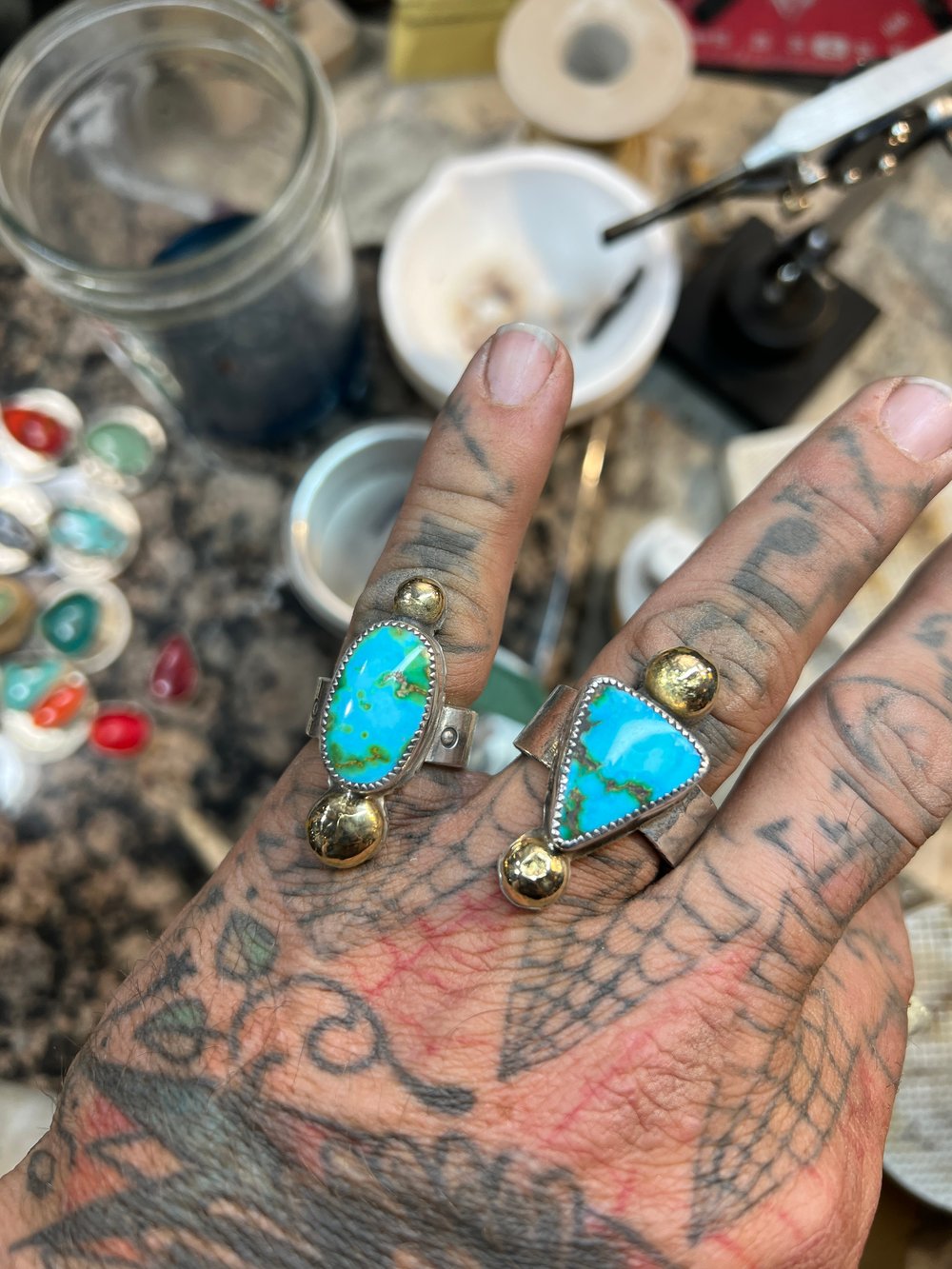 His & Hers ring set, 18k Gold & Sonoran Gold Turquoise