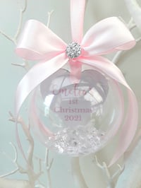 Image 1 of 8cm Beautiful Personalised Baby Ornament,New Baby Bauble,First Christmas Bauble,1st Christmas Memory