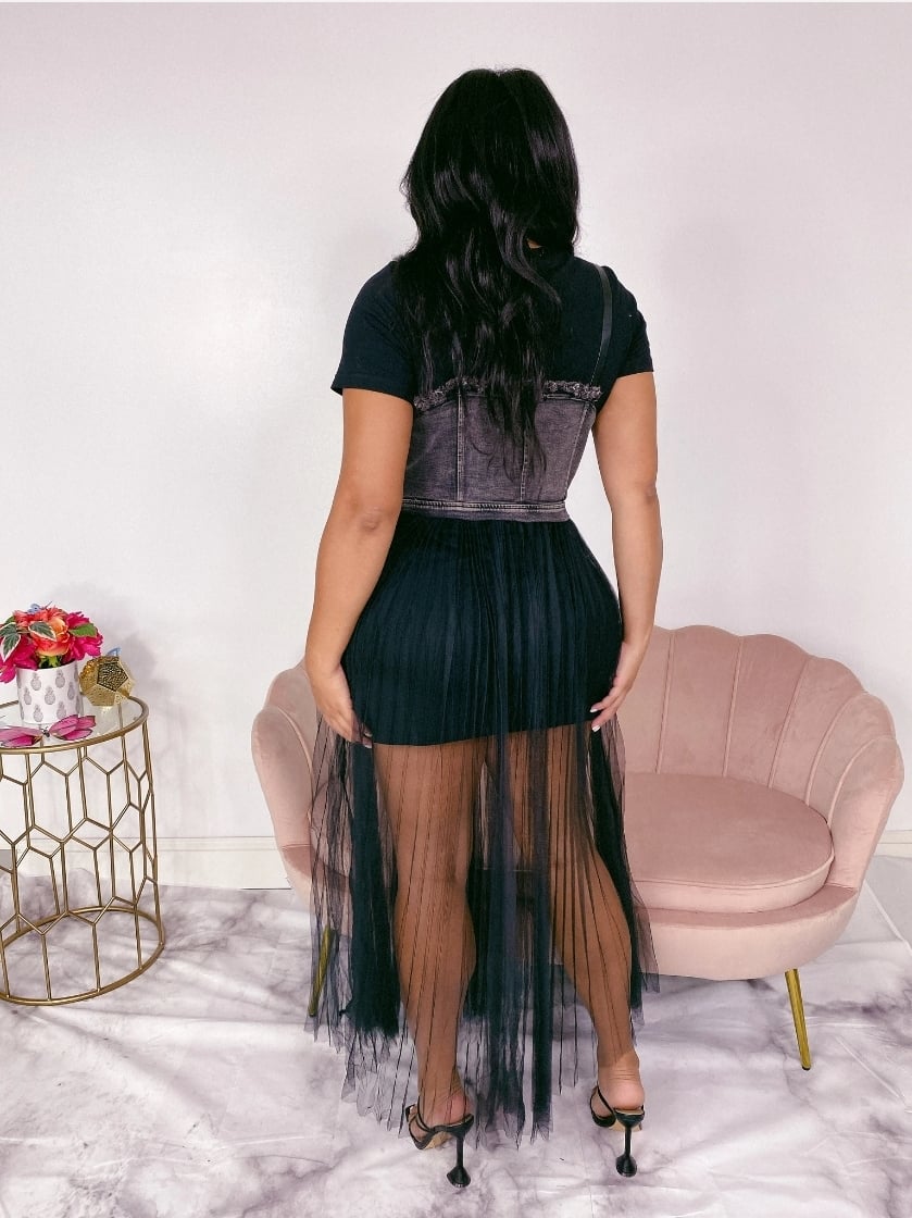 Soild Skirt Dress with Tulle Maxi Top