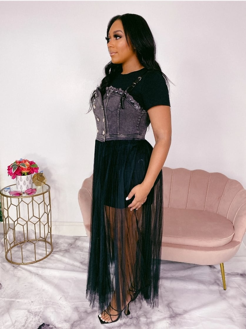 Soild Skirt Dress with Tulle Maxi Top