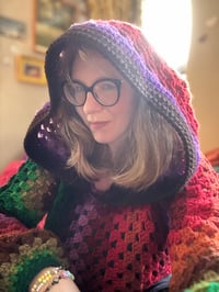 Image 4 of HOCUS POCUS - handmade crochet art - brown red green crop hooded jumper - flared bell sleeve