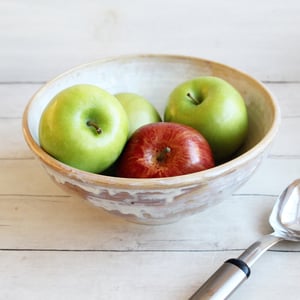 Image of Rustic Serving Bowl with White and Ocher Dripping Glazes, Handcrafted Pottery, Made in USA