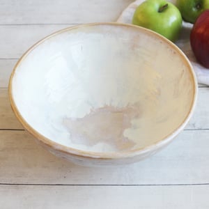 Image of Rustic Serving Bowl with White and Ocher Dripping Glazes, Handcrafted Pottery, Made in USA