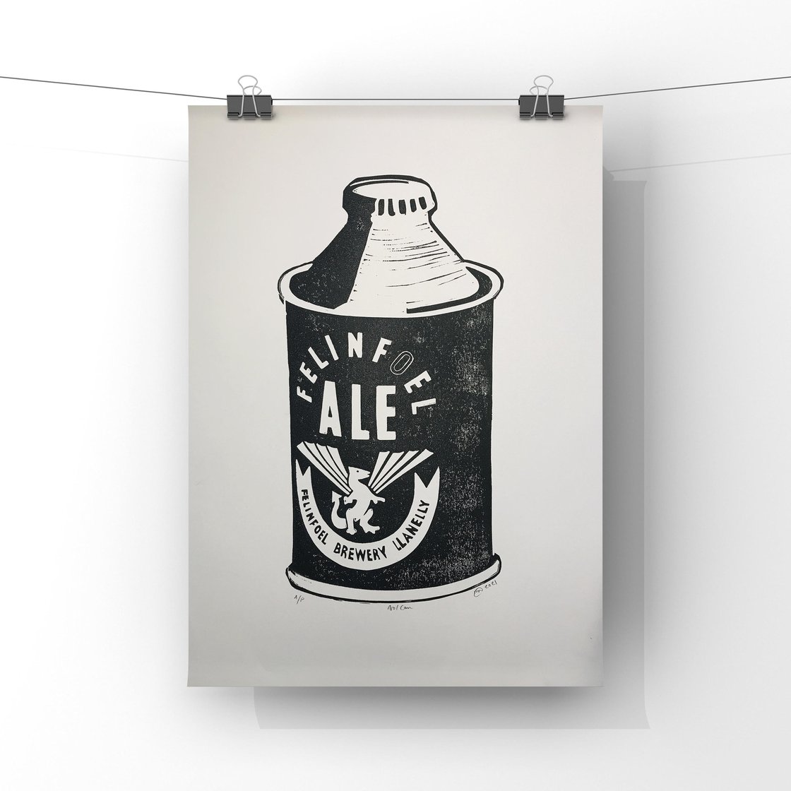 Image of Felinfoel Ale. No.1 can.  Original A3. linocut print. Limited and Signed. Art.