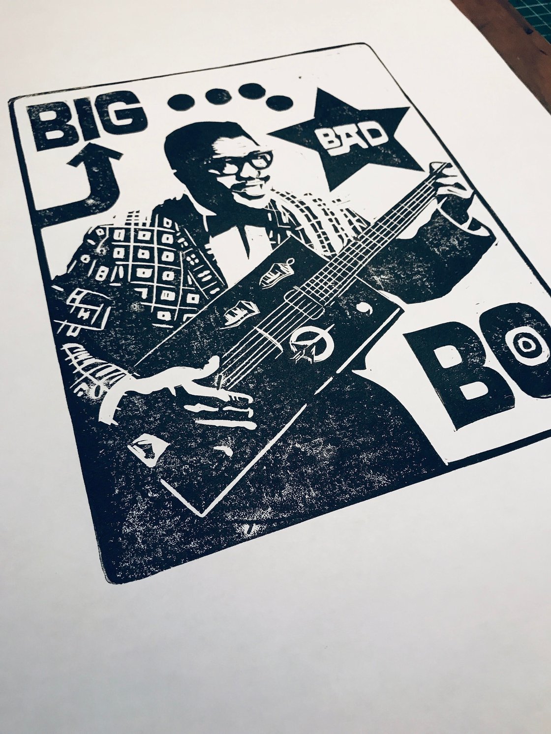 Image of Bo Diddley. Big Bad Bo. Hand Made. Original A4 linocut print. Limited/signed.