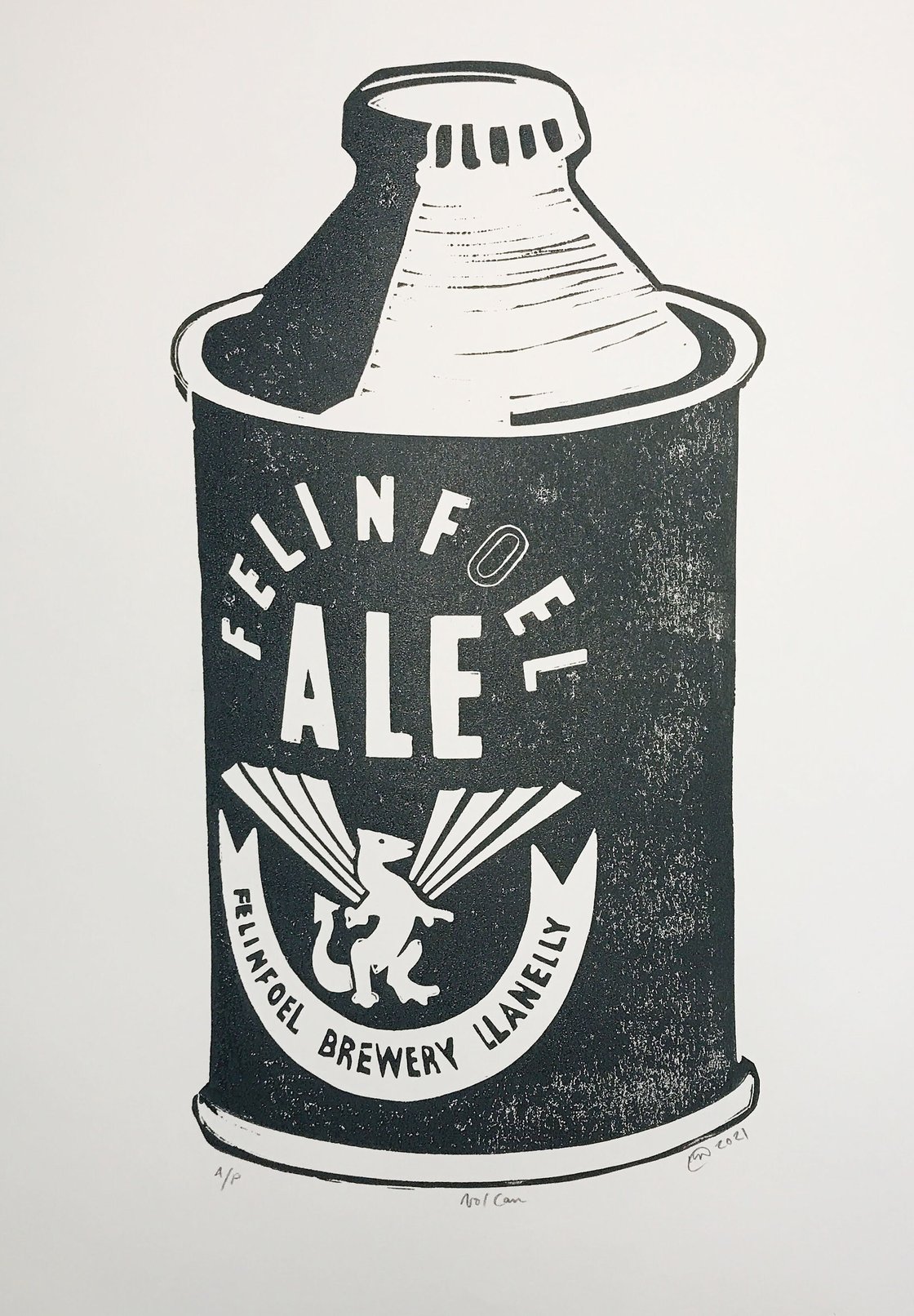 Image of Felinfoel Ale. No.1 can.  Original A3. linocut print. Limited and Signed. Art.