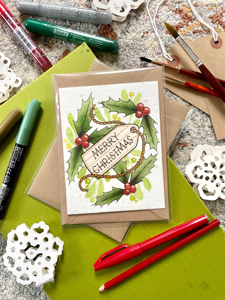 Plantable Seed Card - Christmas Tag, Tattoo Flash Style