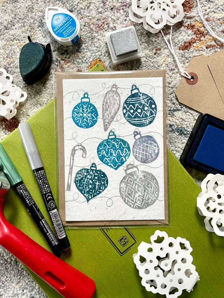 Plantable Seed Card - Blue Baubles Lino Print