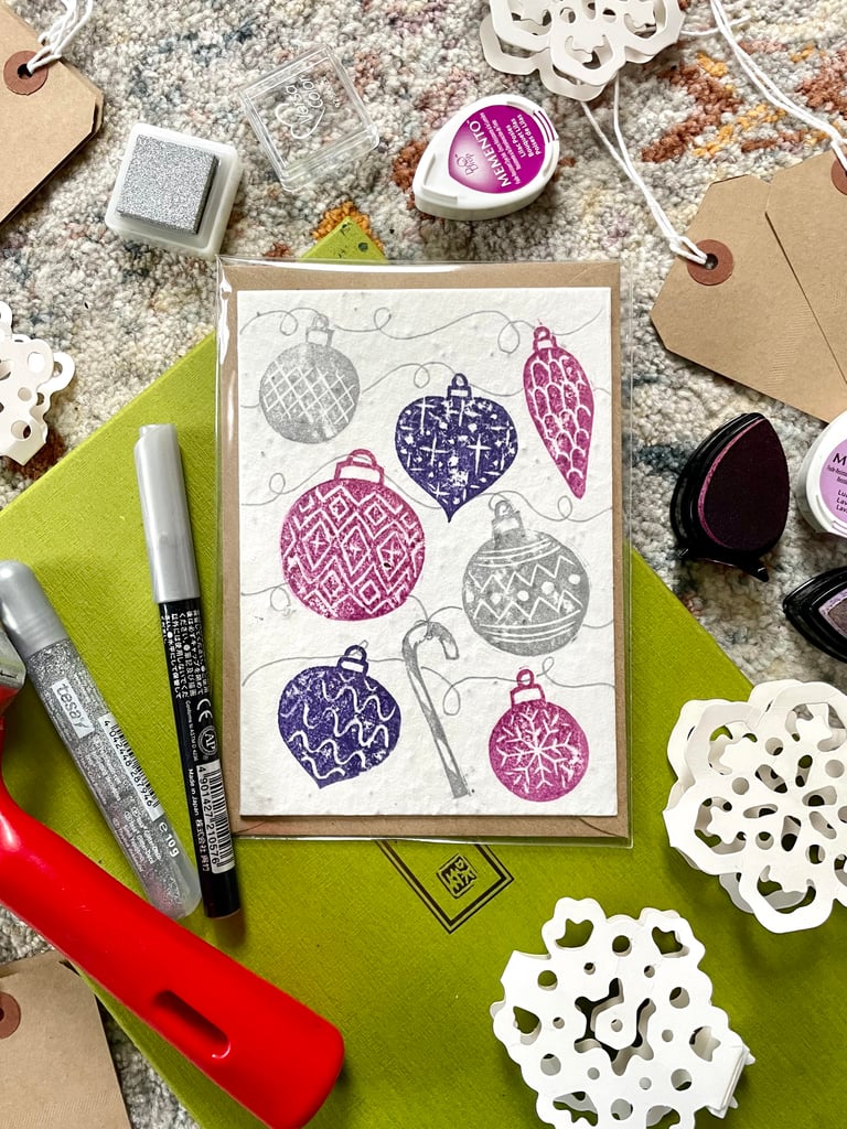 Plantable Seed Cards - Purple Baubles Lino Print