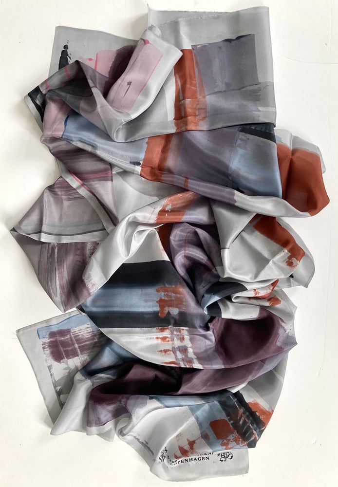 Image of Soft grey, powder/rose, grey lilac+ blue tones, soft brown, soft black stripe.
