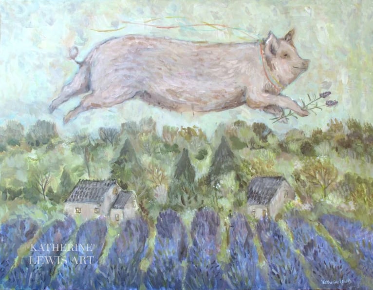 Image of Pig Over Lavender | 30x24 Original Painting on Canvas