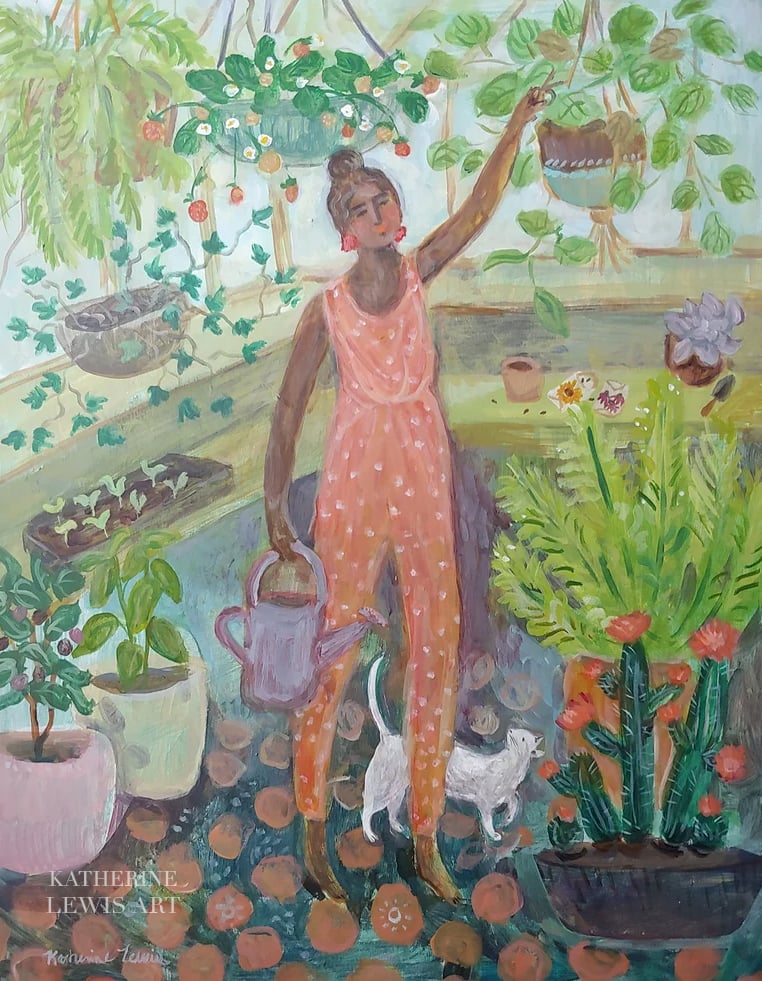 Image of Greenhouse Woman 18x24 Original on wood cradle board
