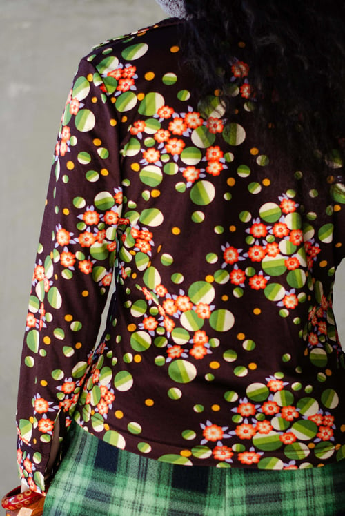 Image of Vintage 1970's Chocolate Flowers & Spheres Blouse