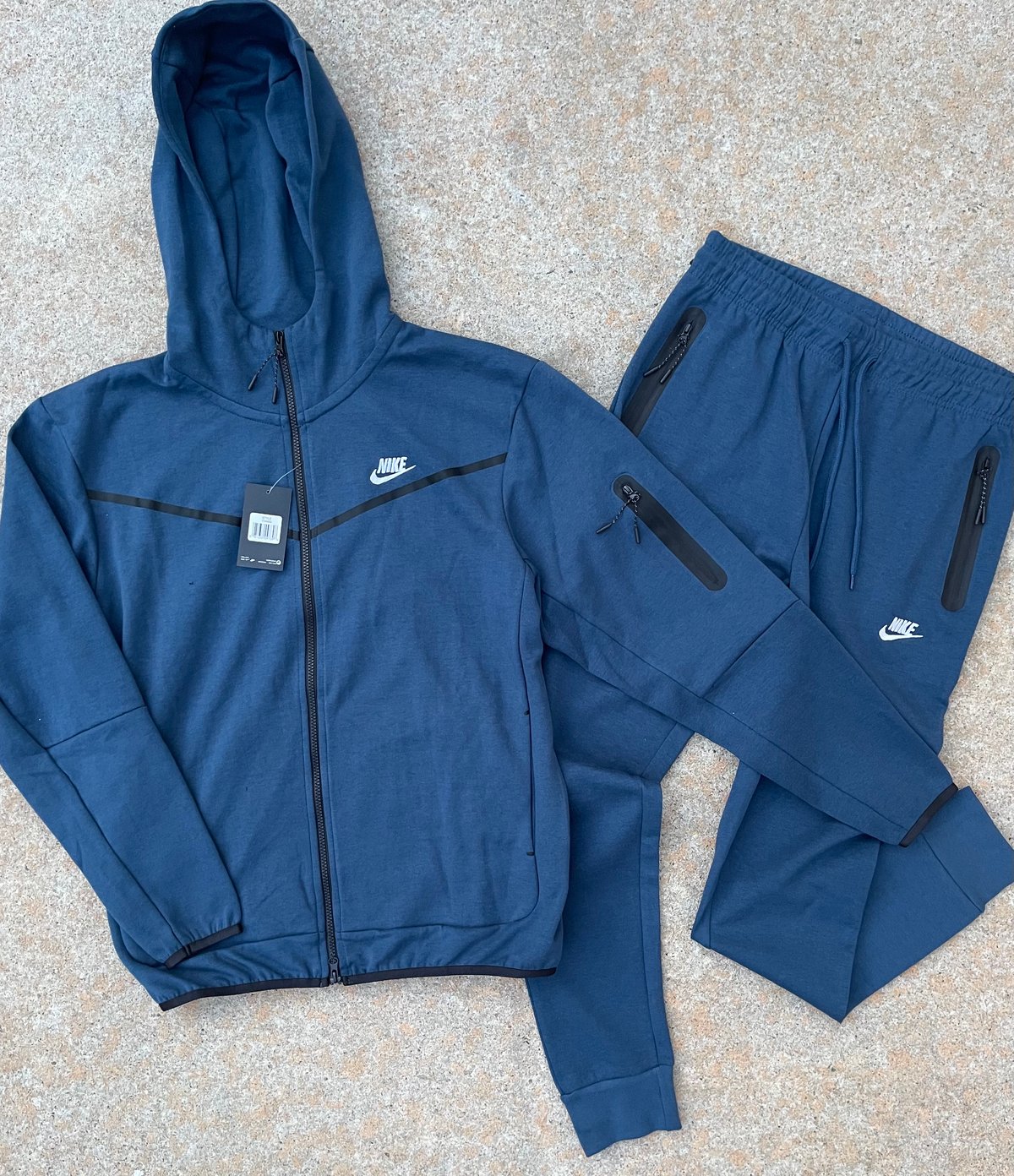 Men’s Dark Blue Slim Fit Tech Zip Up Hoodie Sweatpants Set