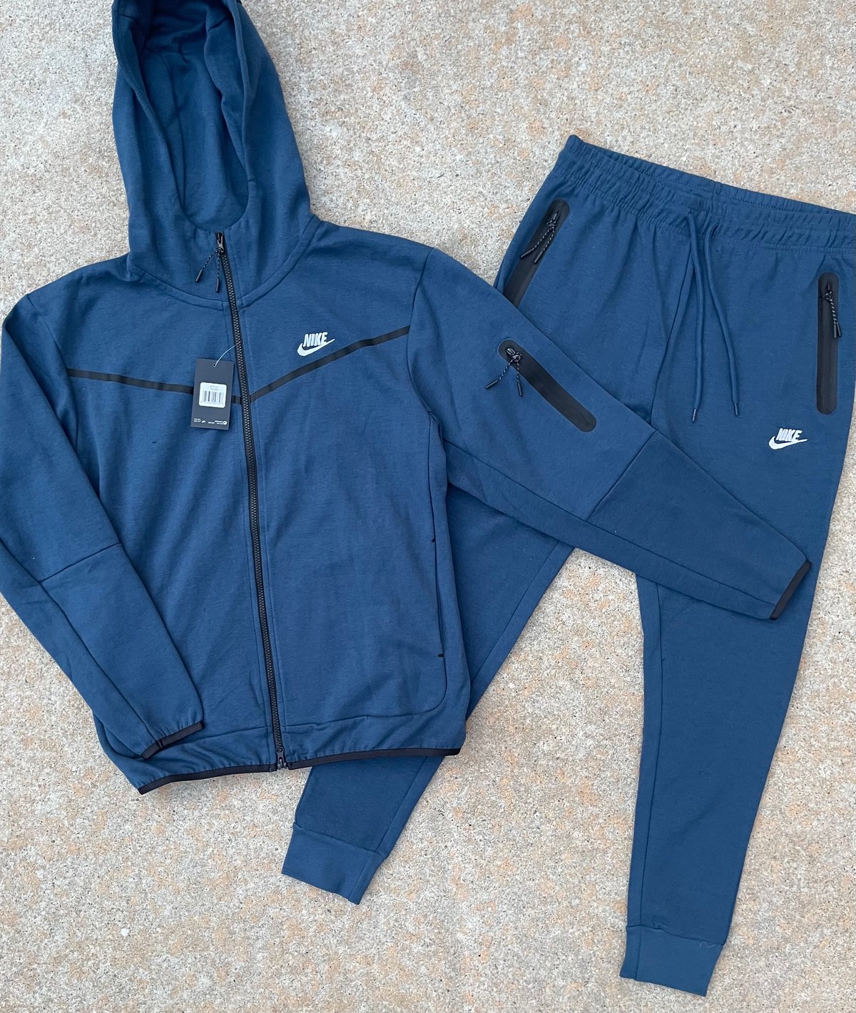 Men’s Dark Blue Slim Fit Tech Zip Up Hoodie Sweatpants Set