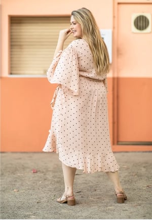 Image of Gabrielle Short Sleeve Wrap Midi Dress. Polka dot Blush. Dani Marie the Label.