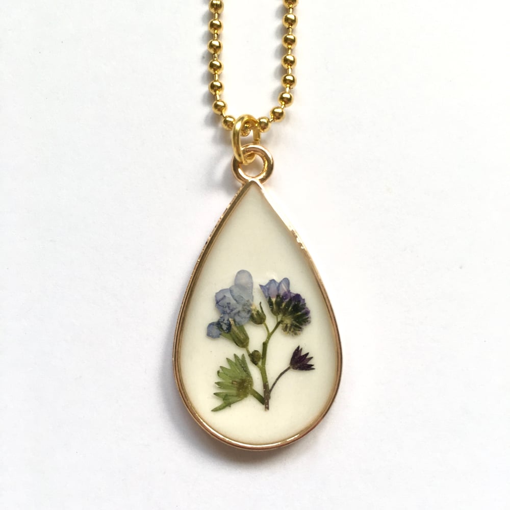 Real Forget-me-Not flower Resin Pendent with Gold Frame