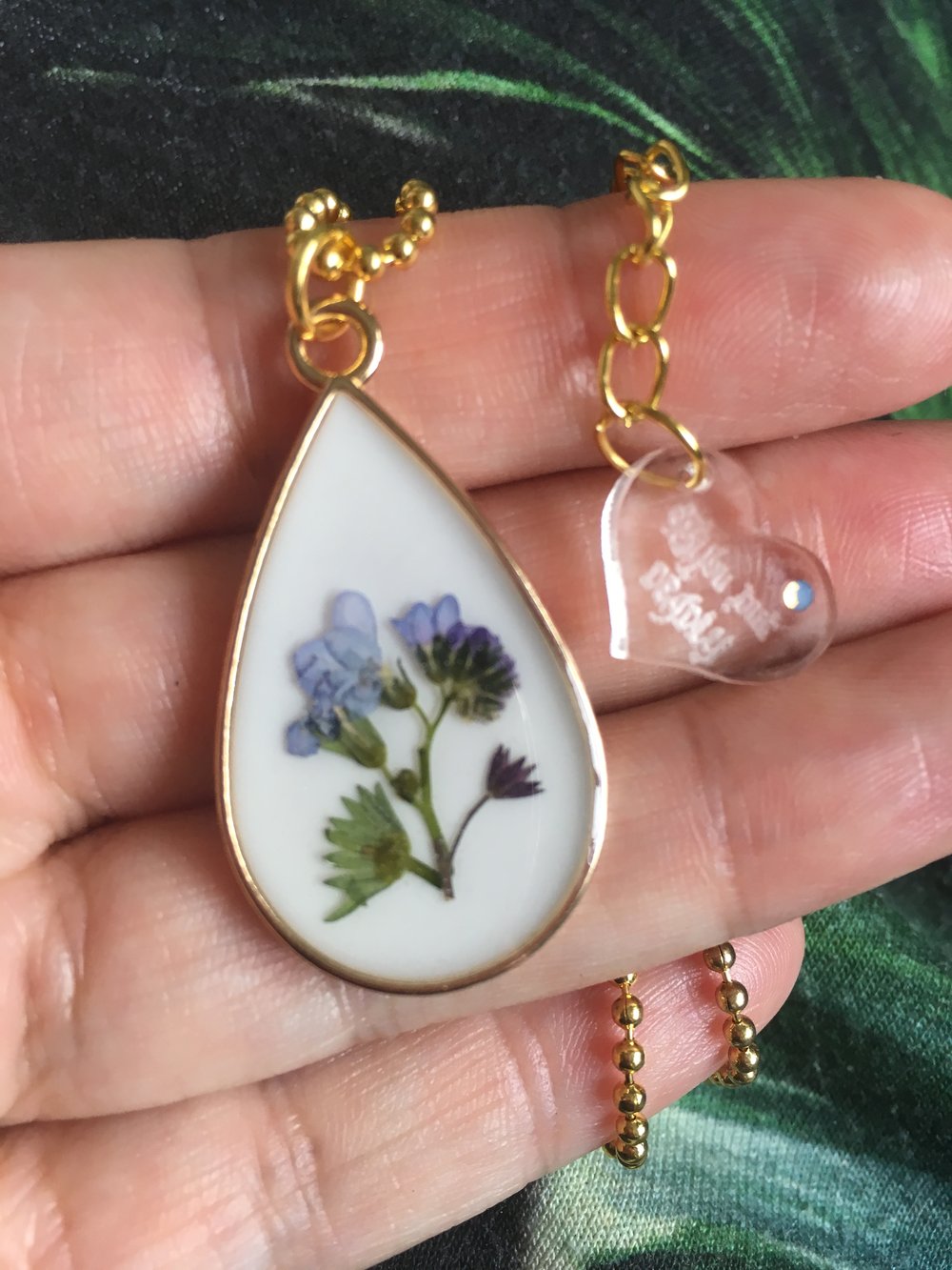 Real Forget-me-Not flower Resin Pendent with Gold Frame