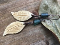 Image 1 of Carved Leaf and ancient Roman glass earrings 