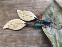 Image 2 of Carved Leaf and ancient Roman glass earrings 