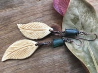 Image 3 of Carved Leaf and ancient Roman glass earrings 