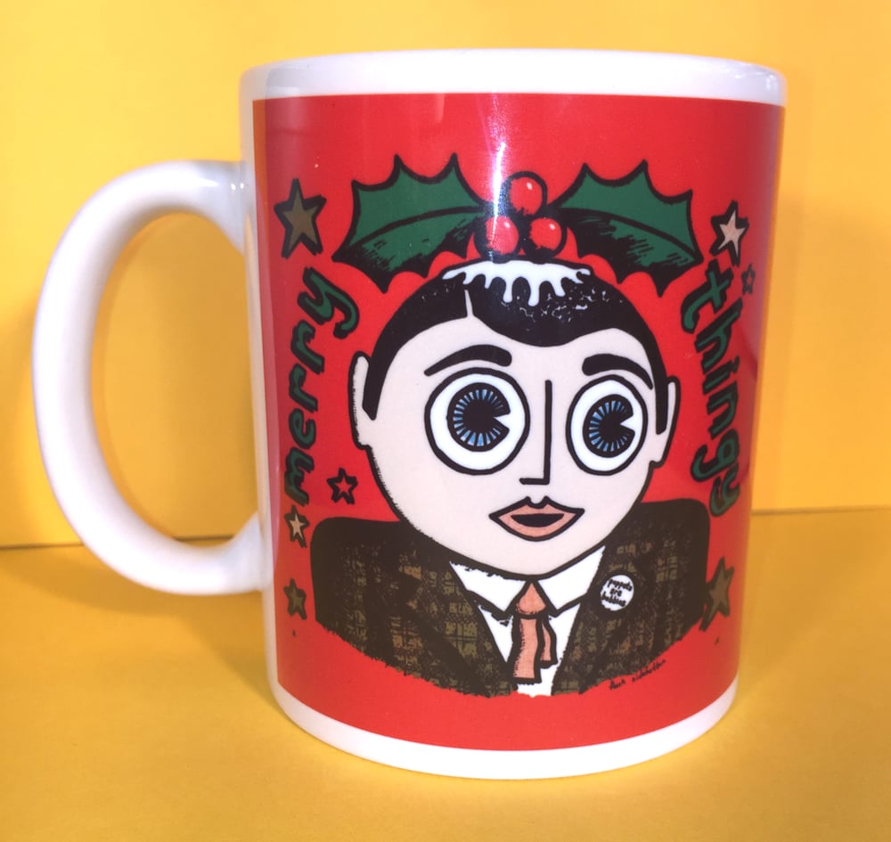 Image of 'Merry Thingy' Mug with bonus Xmas 'Bin-Lid' badges x 4 (while stocks last)