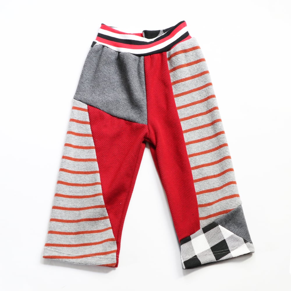 Image of patchwork waffle thermal knit 24m toddler red black gray courtneycourtney sweatpants warm pants