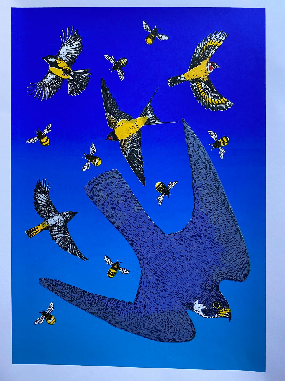 Image of A3 blue Birds and Bees screen print 