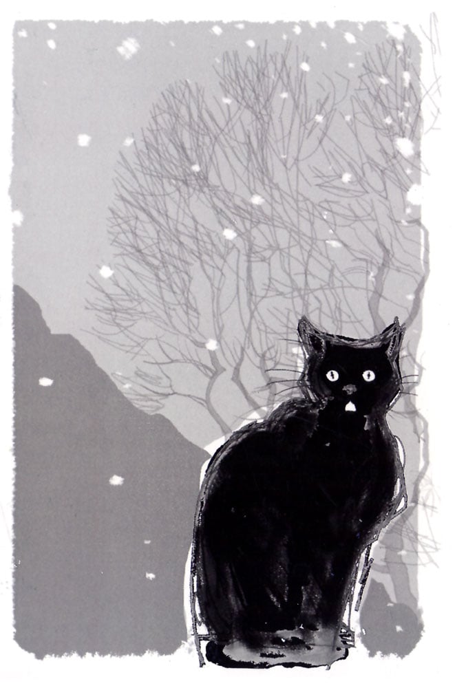 Greeting card: Cat feigning frostbite