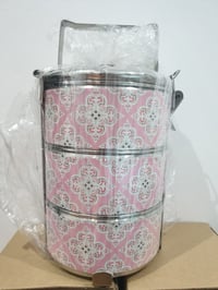 Image 1 of 3 tier tiffin carrier- Pink batik design.