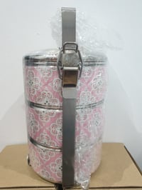 Image 2 of 3 tier tiffin carrier- Pink batik design.