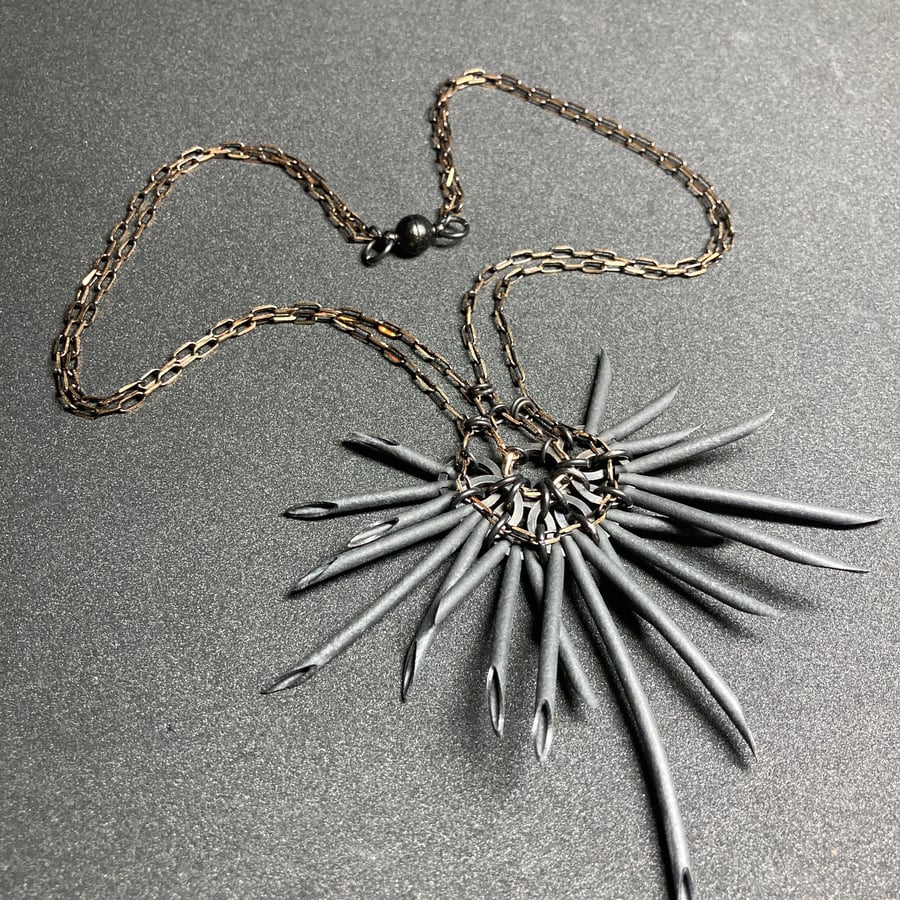 Image of NEW - OOAK Black Urchin Large Pendant With Faceted Brass Chain