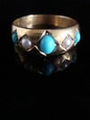 VICTORIAN 18CT YELLOW GOLD TURQUOISE AND PEARL THICK GYPSY 5 STONE RING