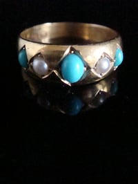Image 1 of VICTORIAN 18CT YELLOW GOLD TURQUOISE AND PEARL THICK GYPSY 5 STONE RING