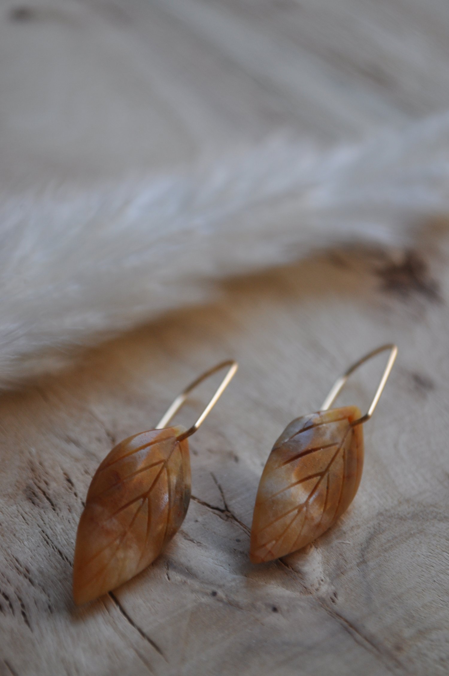 Image of Carved Orange Amazonite Leaf Dangles on Gold Fill