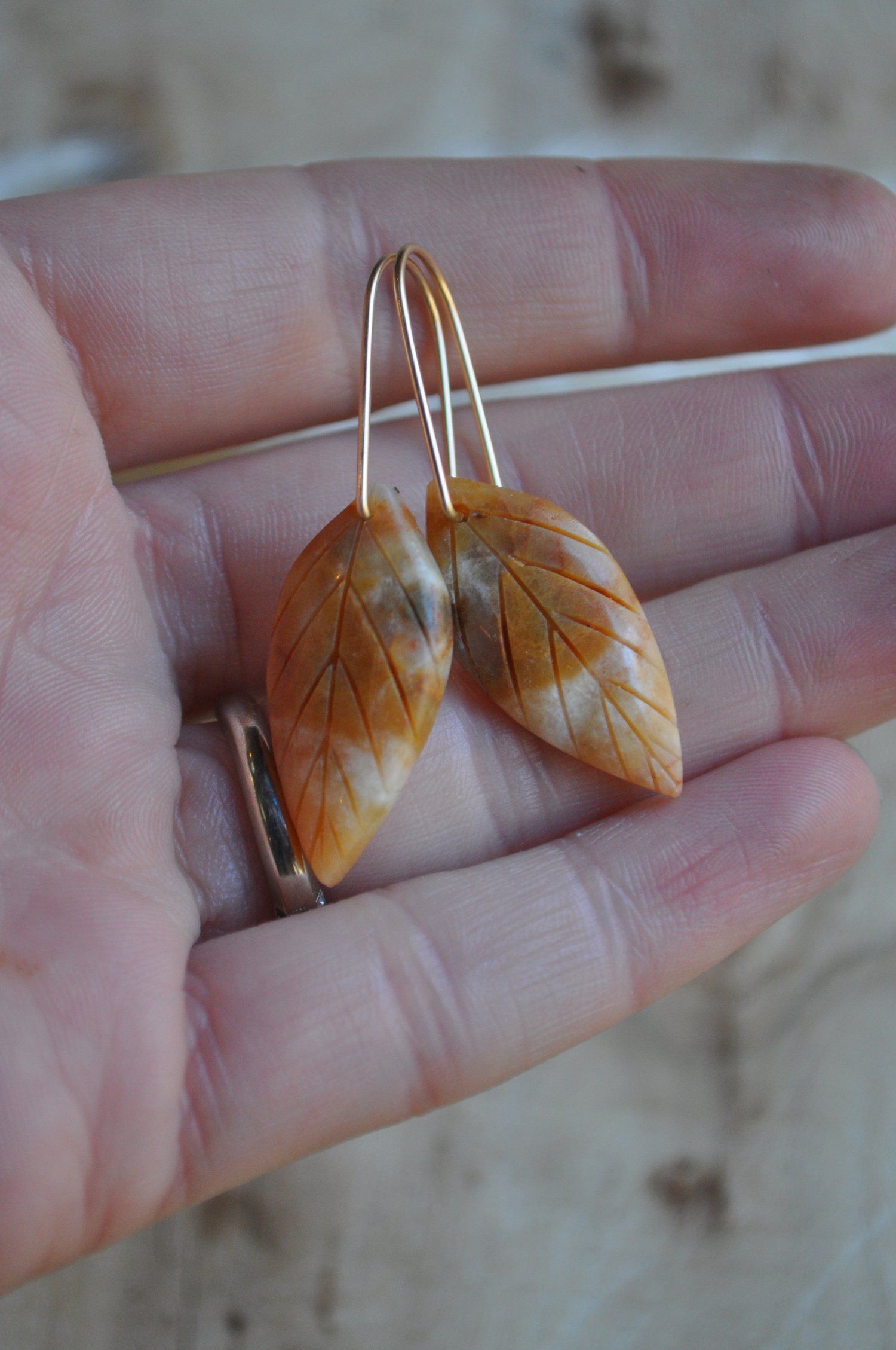 Image of Carved Orange Amazonite Leaf Dangles on Gold Fill