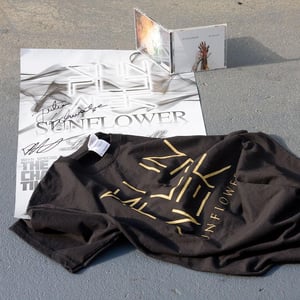 Image of THE 'GOLD BAG' - 'La Reveille' SIGNED + 'Gold Logo' T-Shirt + Album Launch poster SIGNED + stickers