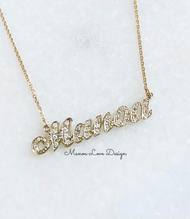 14K solid gold diamond name necklace Manoa Love Design