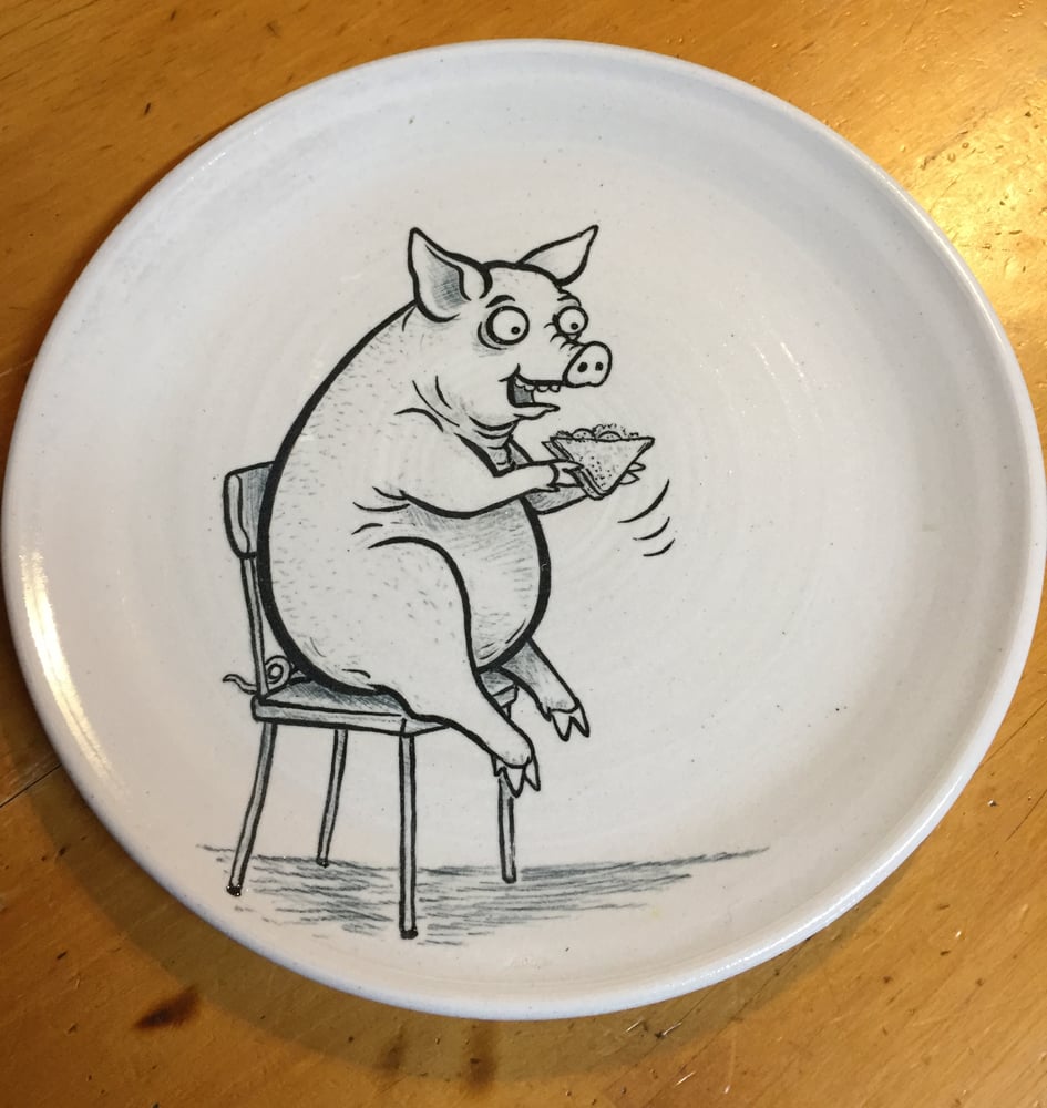 Image of Pig Has A Sandwich -Cartoon plate