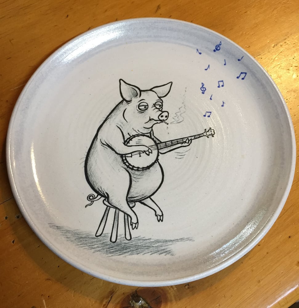 Image of Banjo Picking Pig -Cartoon plate 