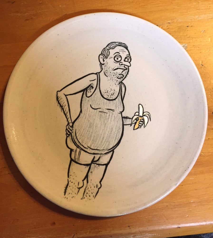 Image of Man Enjoying Banana -Cartoon plate