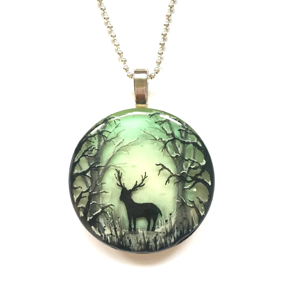 Winter Stag in Snowy Forest Hand Painted Resin Pendant